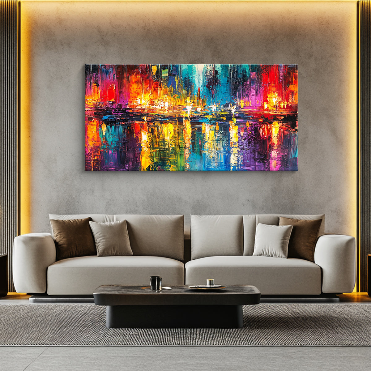Radiant Reflections Cityscape Abstract Canvas Wall Art for Living Room