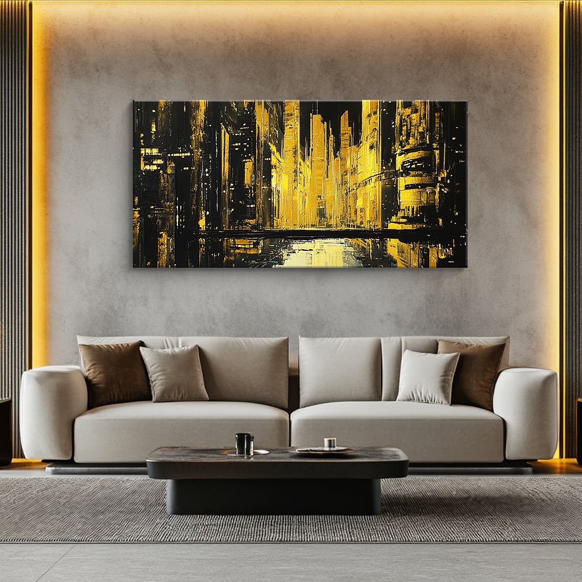Golden Metropolis Monochromatic Abstract Canvas Wall Art