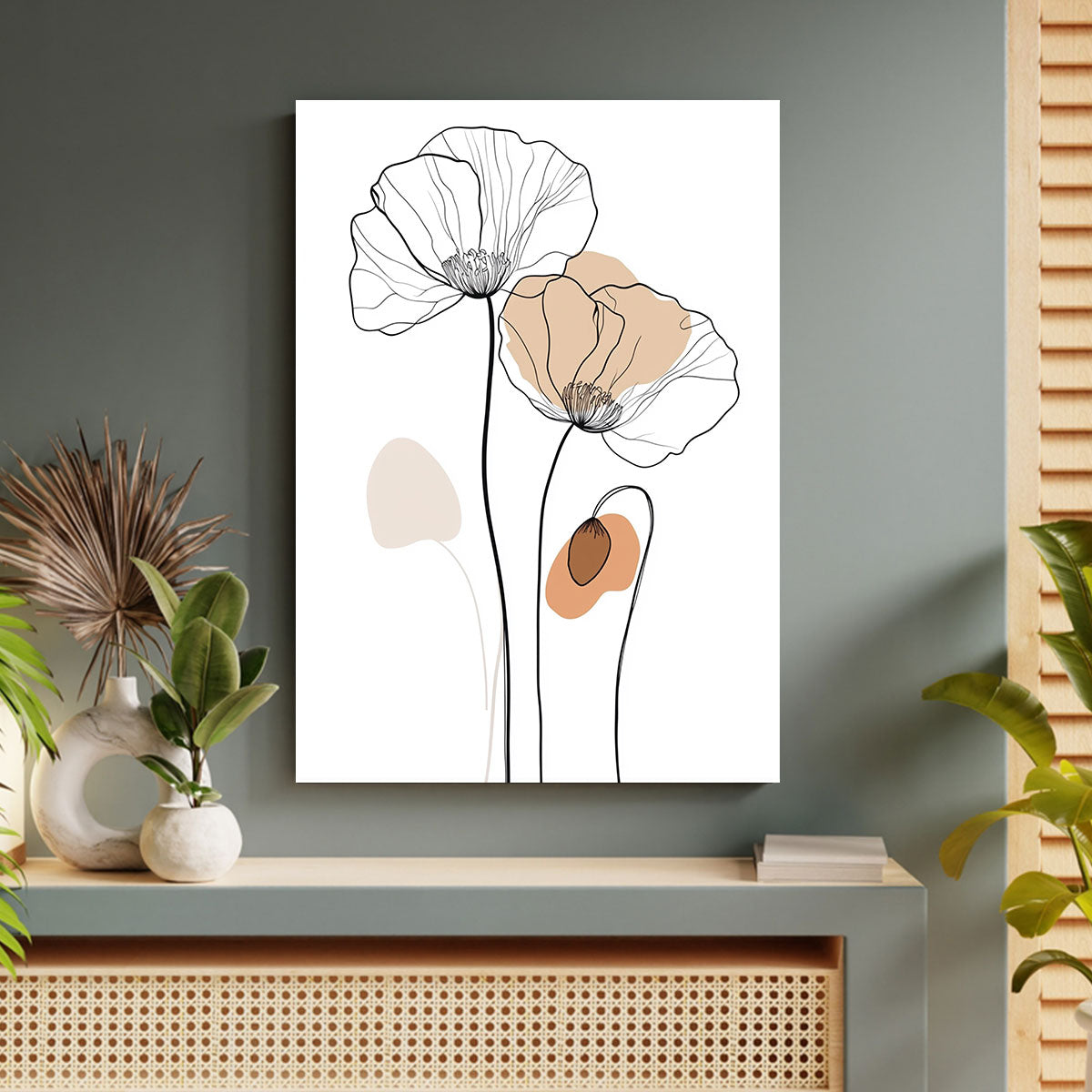 One-Line Poppy Flower Canvas Wall Art – Minimalist Floral Line Drawing Print