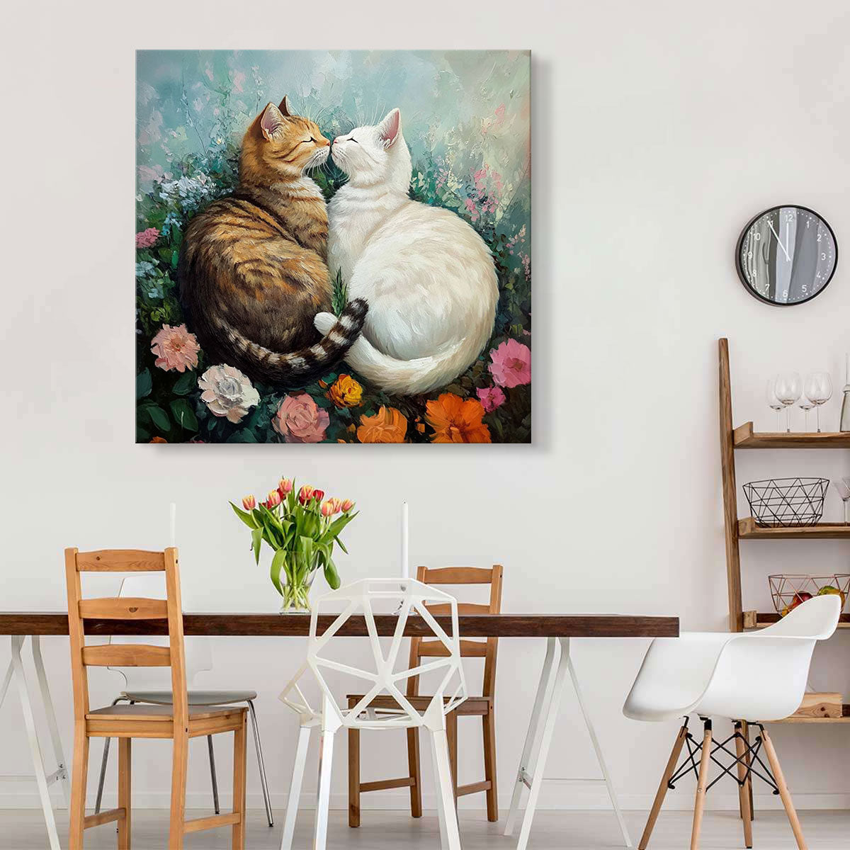 Romantic Cat Duo in Floral Garden – Oil Canvas Wall Art
