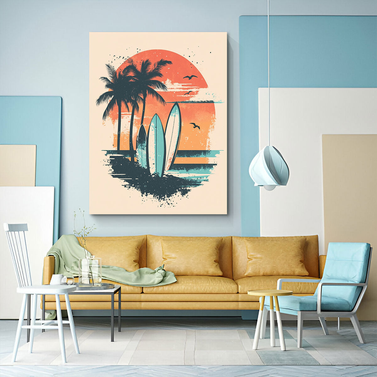 Vintage Surfboards and Palm Trees Retro Canvas Wall Art