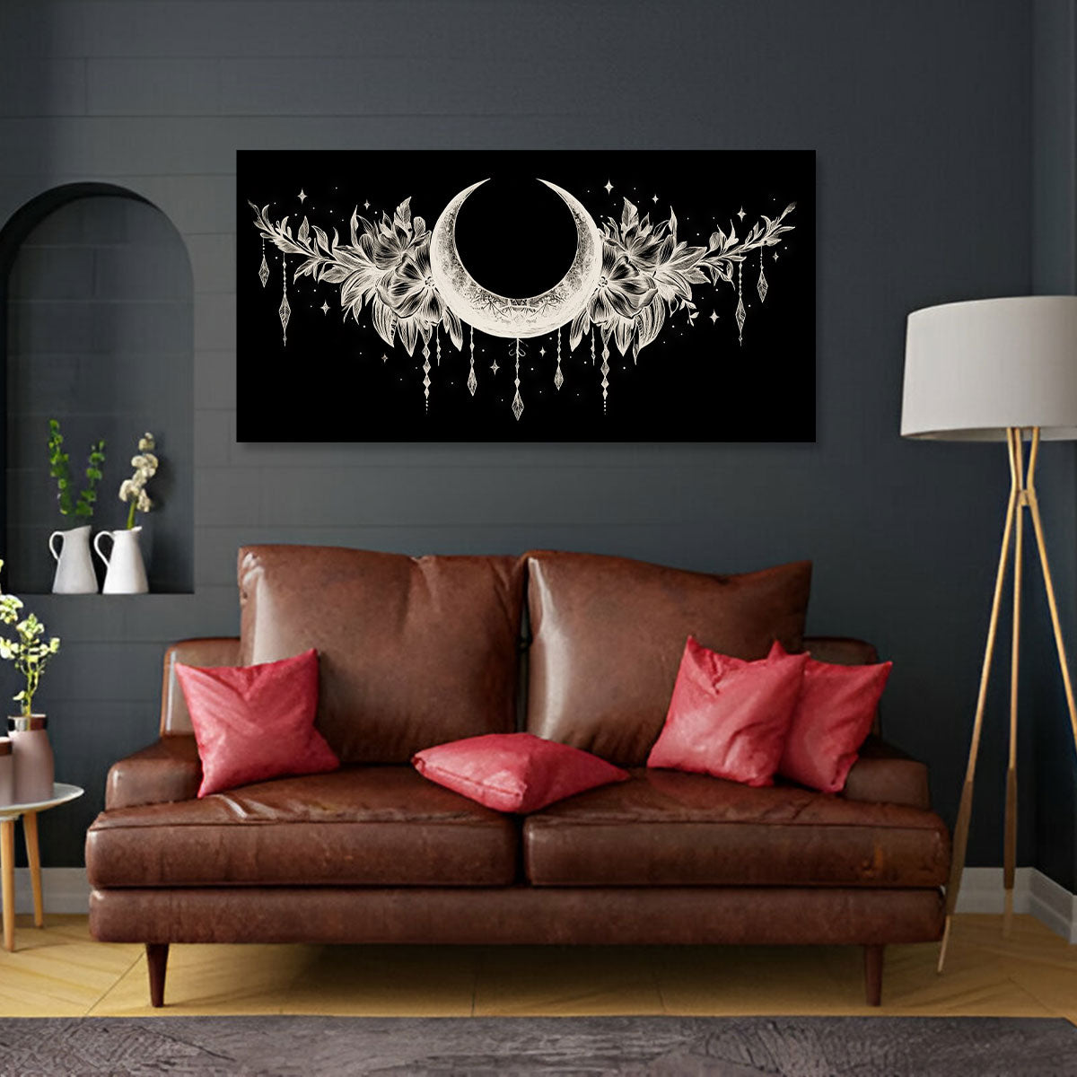 Crescent Moon and Floral Line Art Boho Canvas Wall Decor