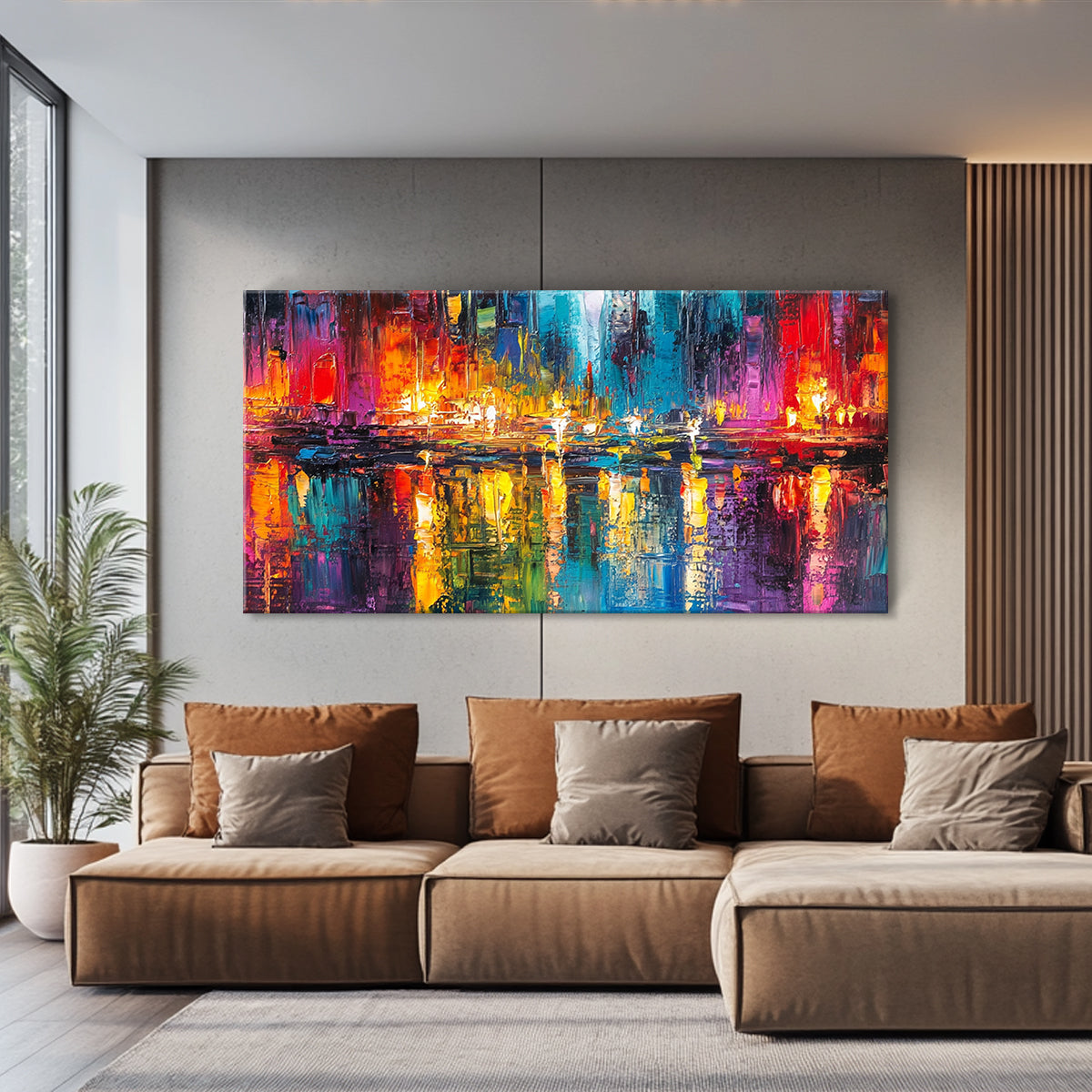 Radiant Reflections Cityscape Abstract Canvas Wall Art for Living Room