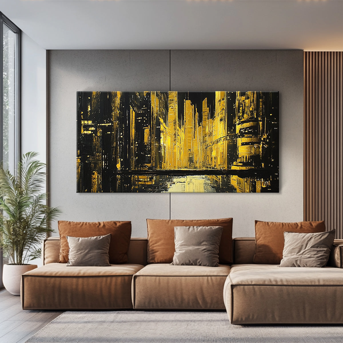 Golden Metropolis Monochromatic Abstract Canvas Wall Art