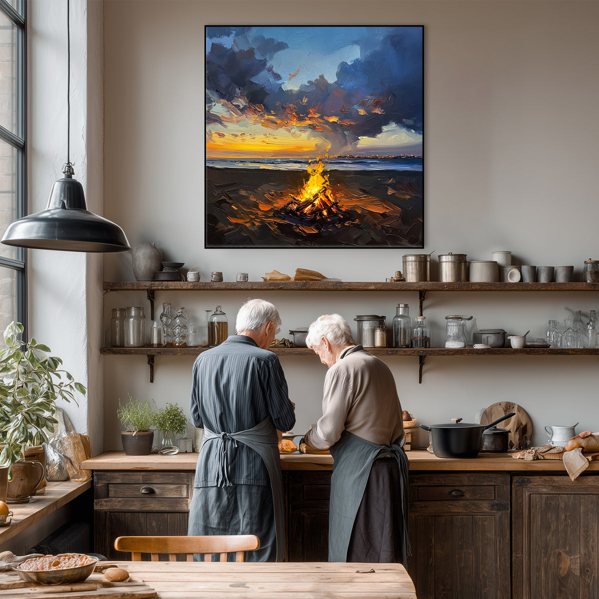 Sunset Campfire Beach Wall Art Oil Painting Canvas