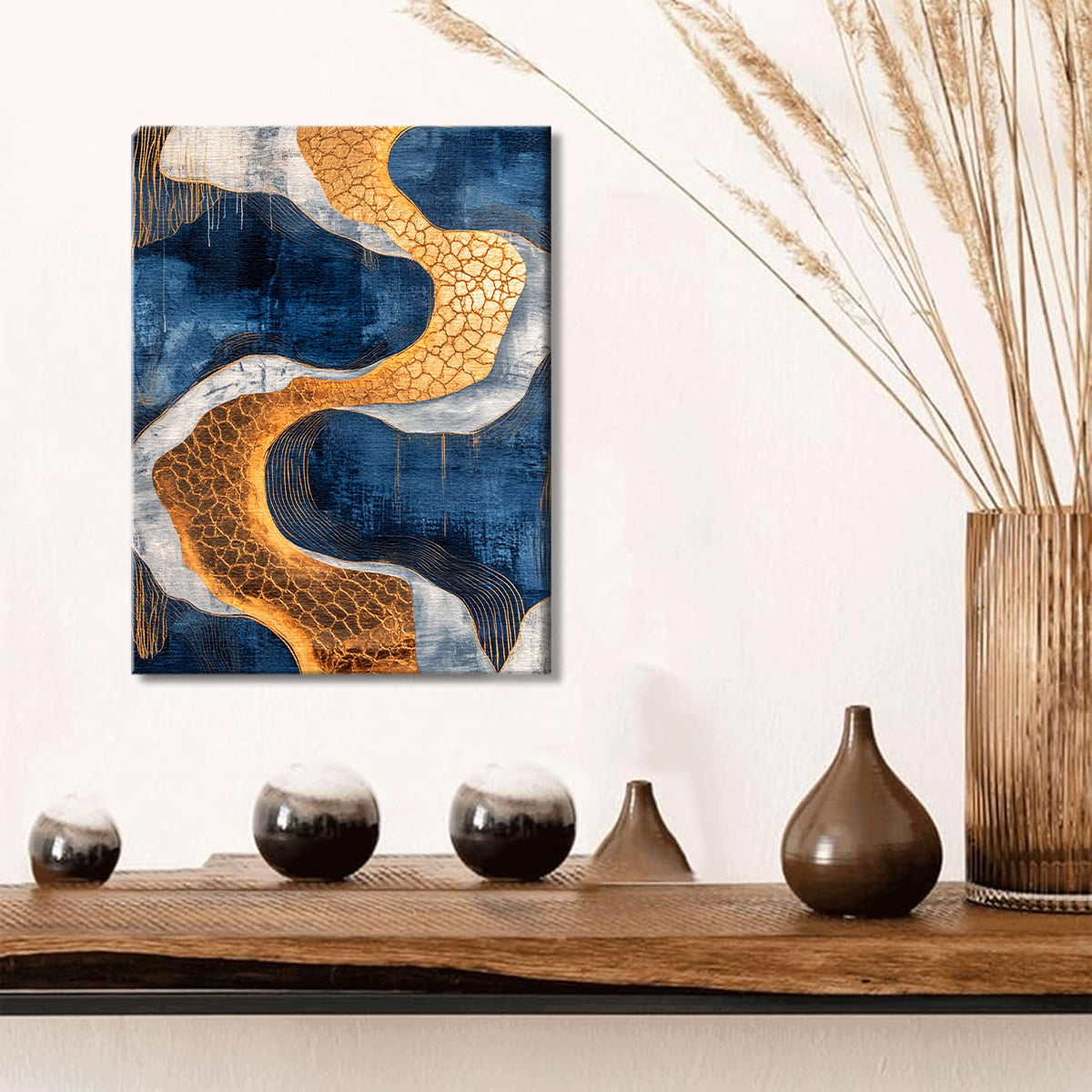 Golden Currents Modern Abstract Canvas Wall Art