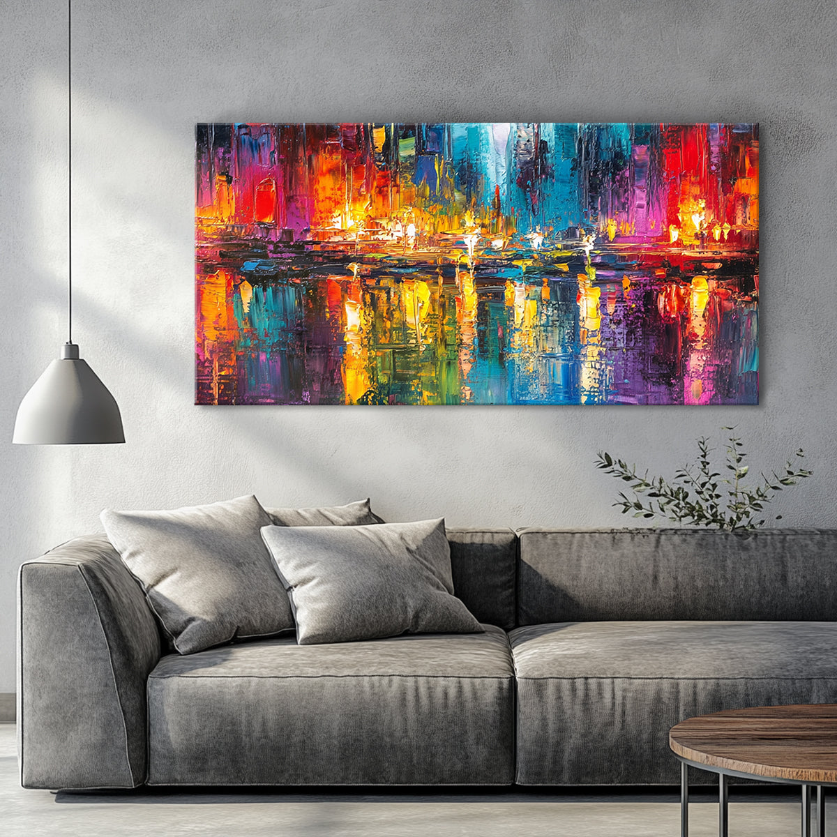 Radiant Reflections Cityscape Abstract Canvas Wall Art for Living Room