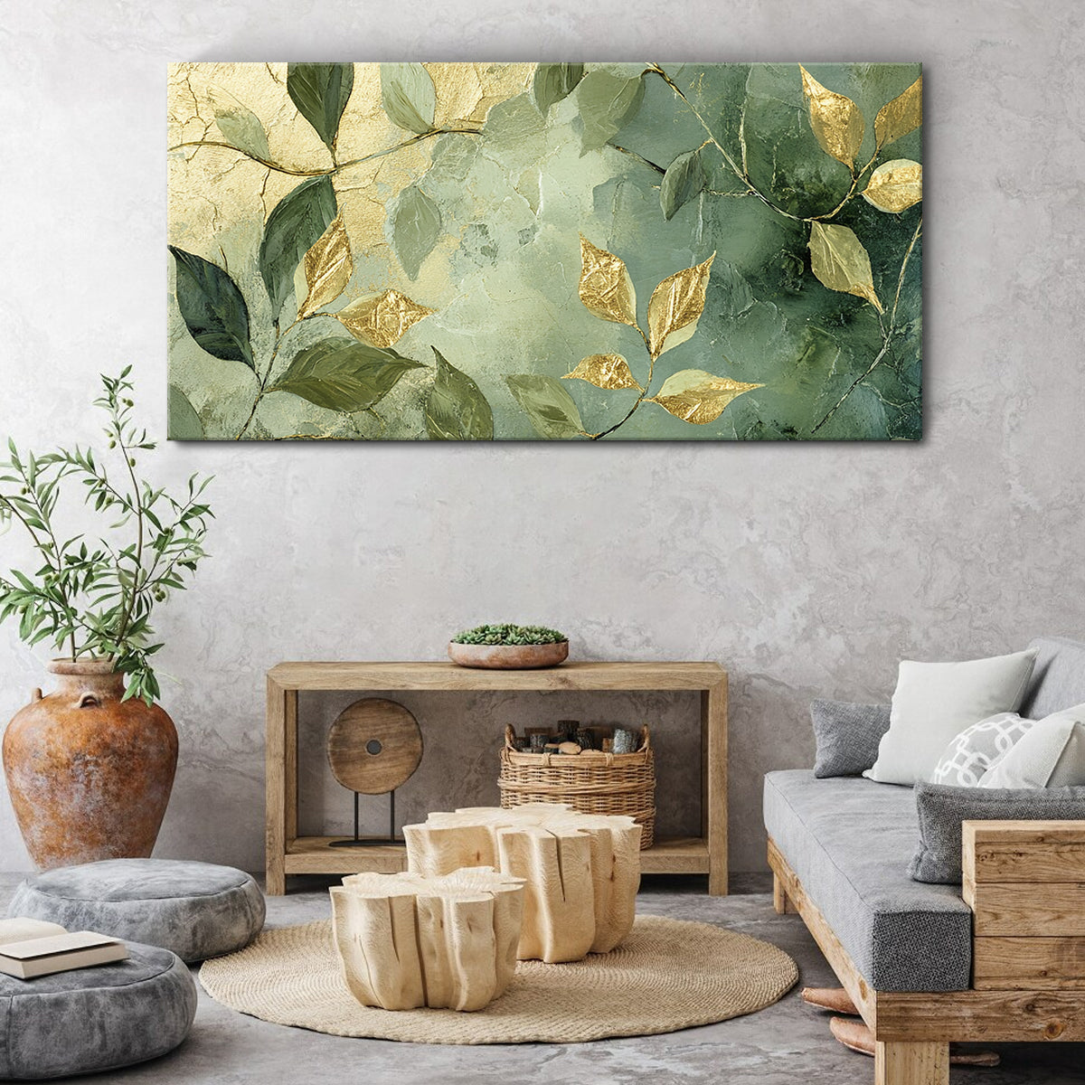 Golden Leaves Contemporary Abstract Canvas Wall Art