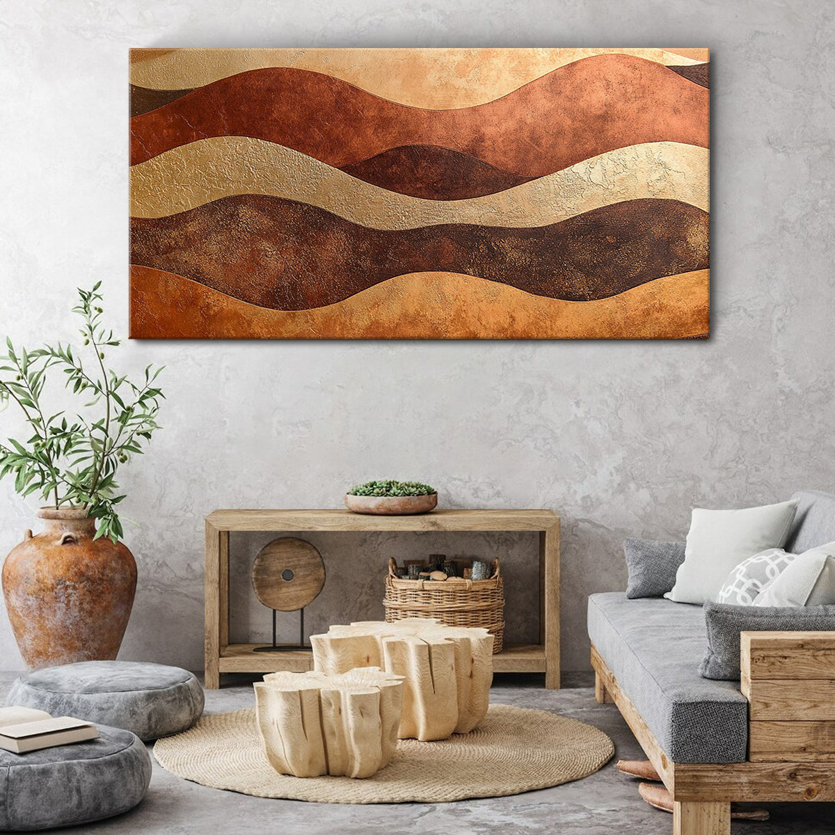 Earthy Waves Textured Geometric Abstract Canvas Wall Art