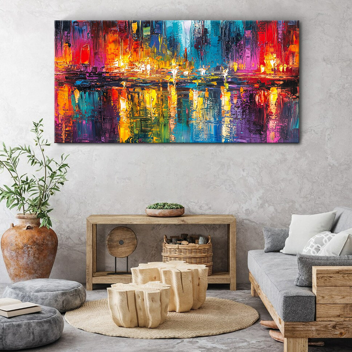 Radiant Reflections Cityscape Abstract Canvas Wall Art for Living Room