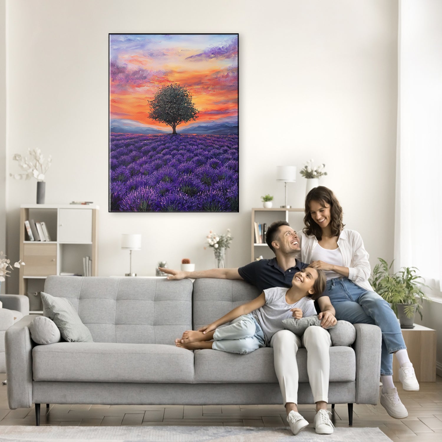 Lavender Field with Tree in Bloom Nature Artwork