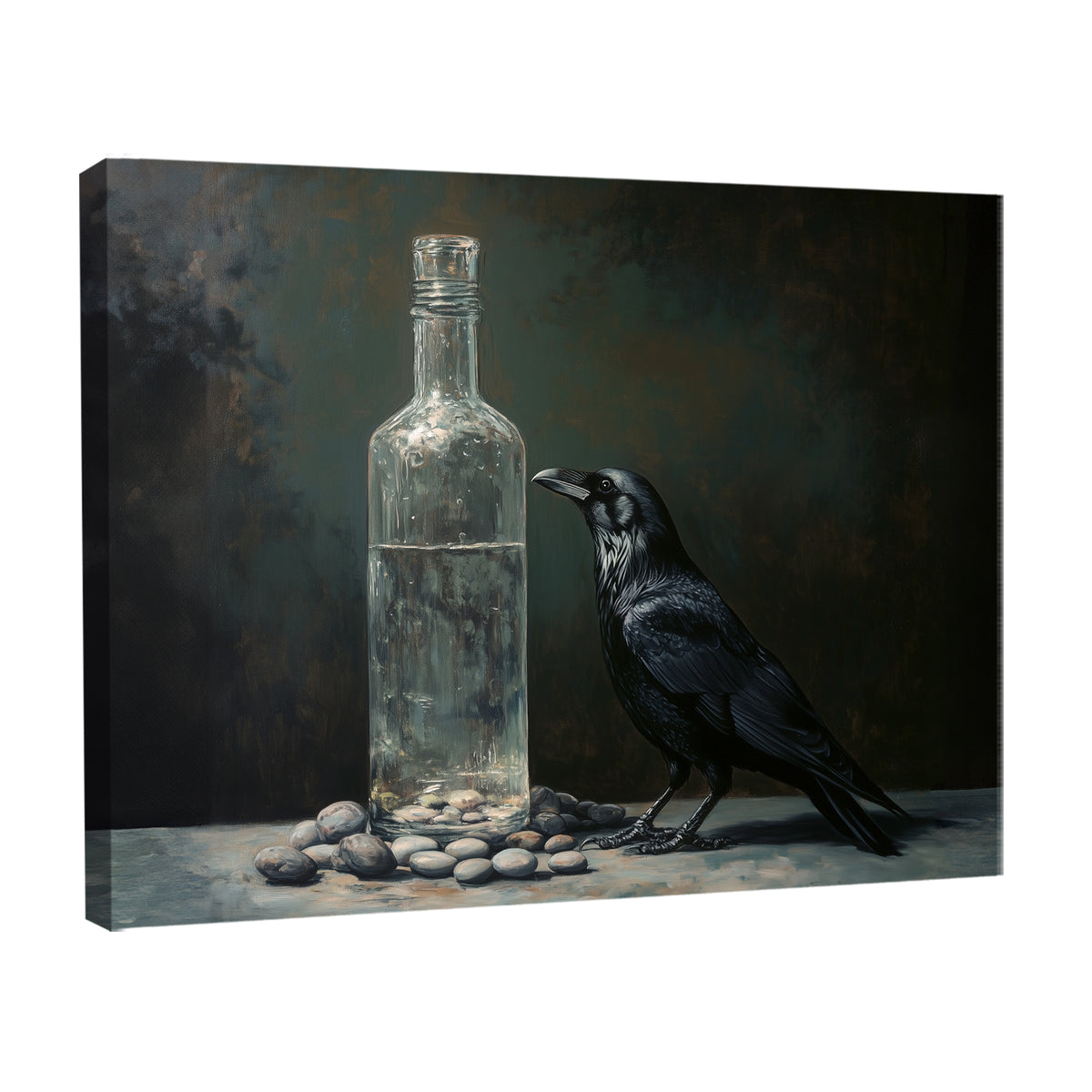 Black Raven and Glass Bottle Oil Painting Canvas Print