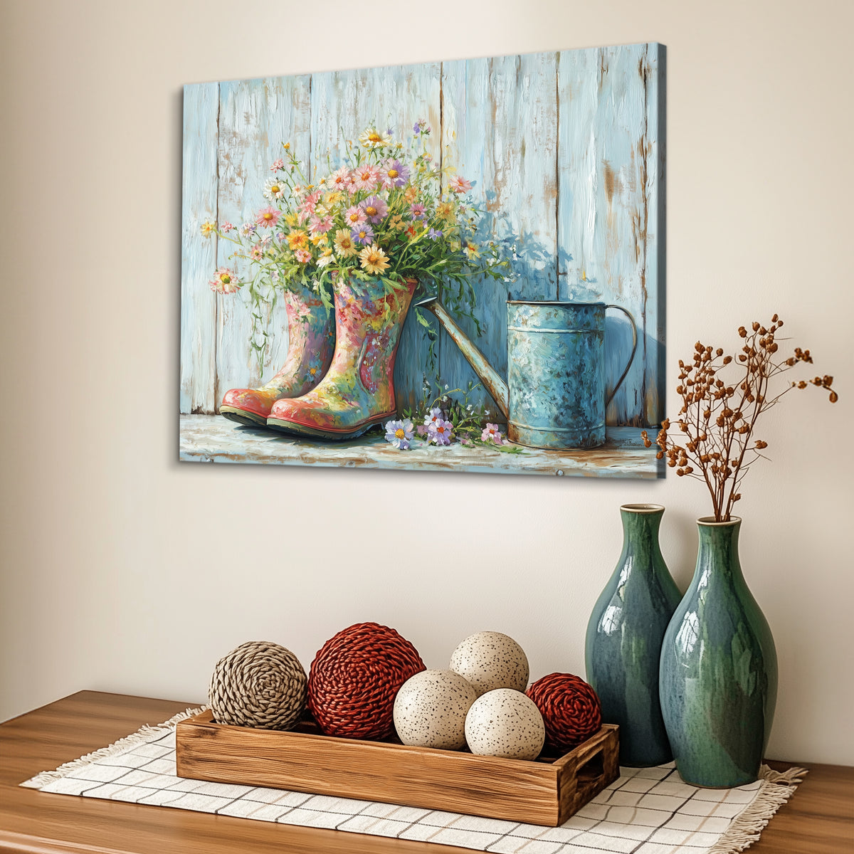 Rustic Floral Rain Boots – Vintage Farmhouse Oil Painting Canvas Wall Art