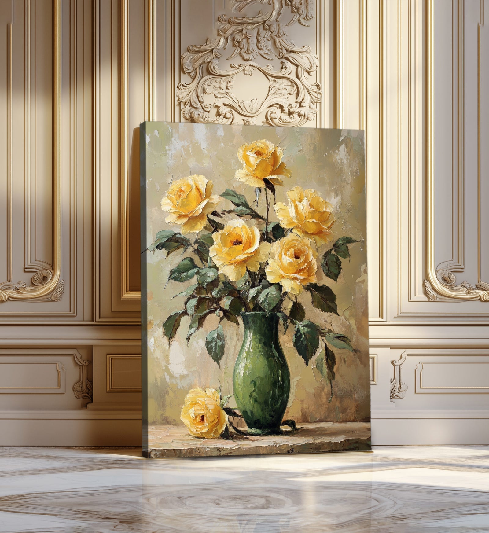 Yellow Roses in a Green Vase - Vintage Oil Painting Canvas Print