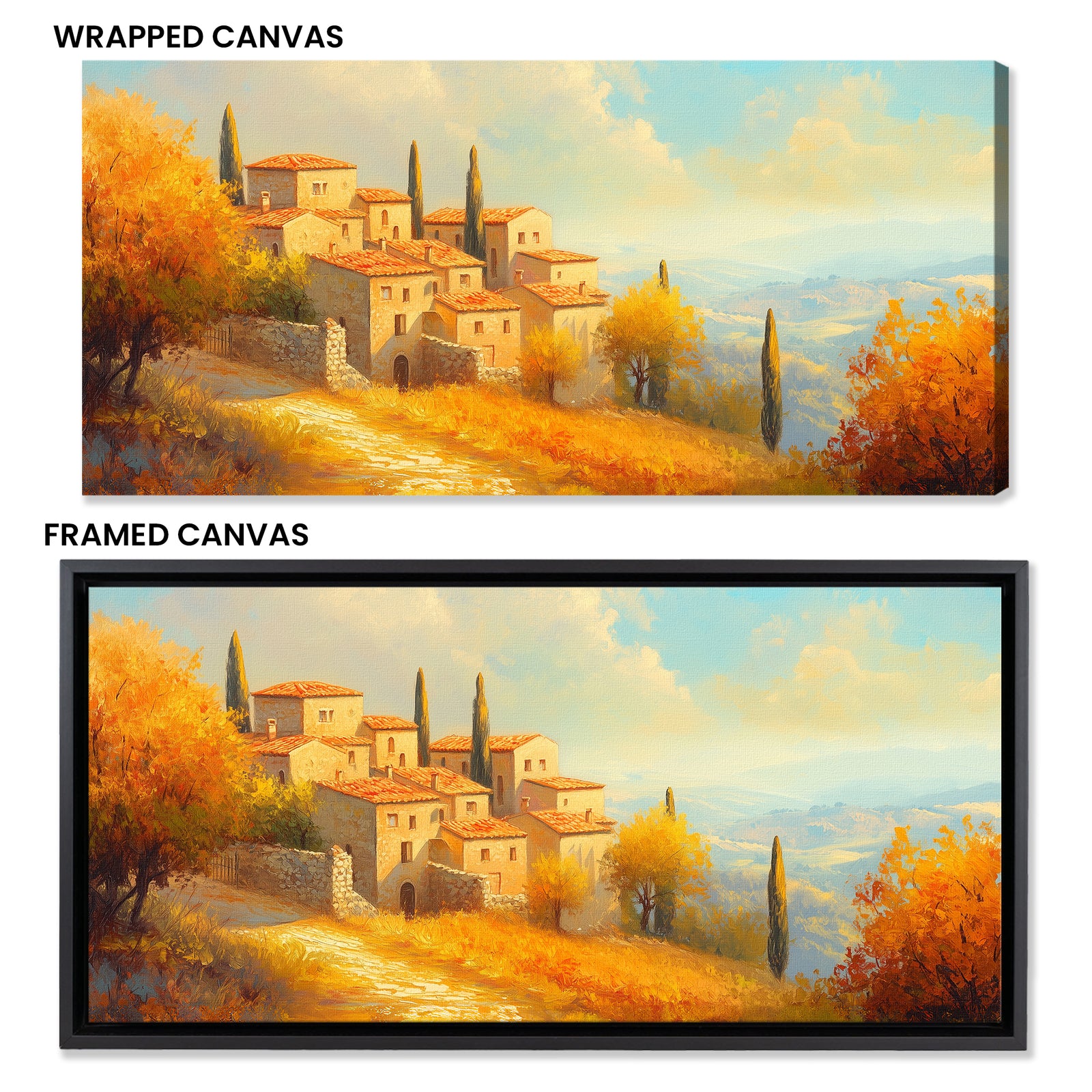Panoramic Stone Village Scene Canvas in Rustic Boho Style