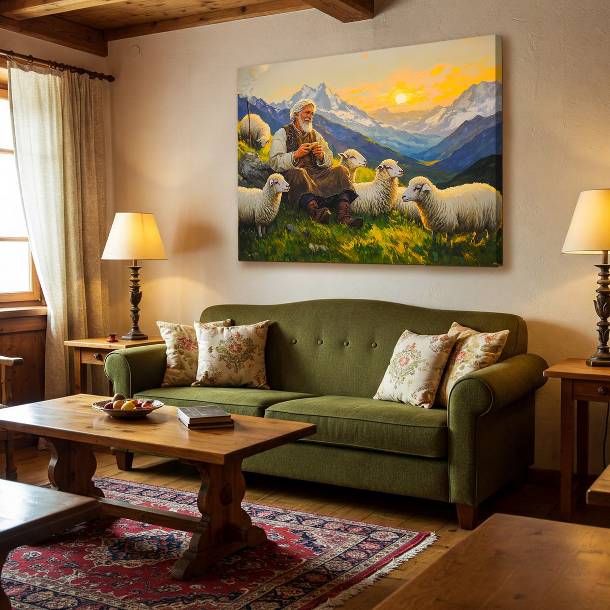 Shepherd and Sheep Pastoral Canvas in Vintage Oil Style