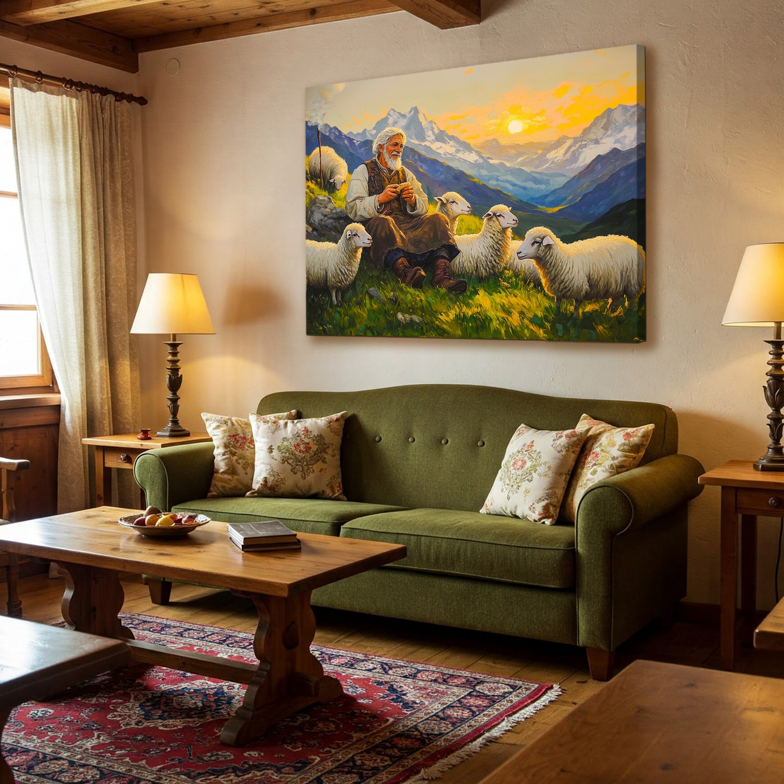 Shepherd and Sheep Pastoral Canvas in Vintage Oil Style