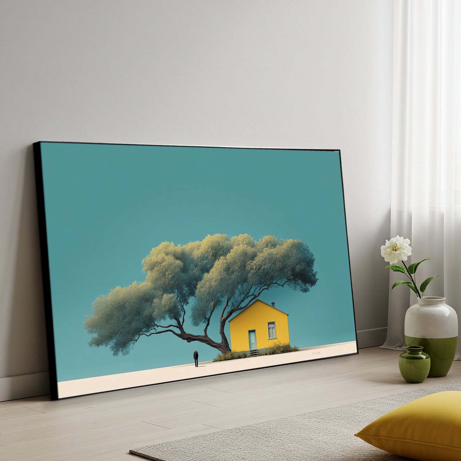 Tree and Yellow House Canvas Minimalist Wall Art