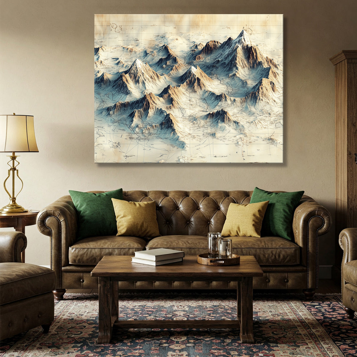 Antique Map Style Mountain Range Illustration Canvas Wall Art