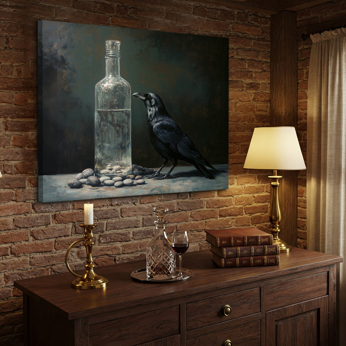 Black Raven and Glass Bottle Oil Painting Canvas Print