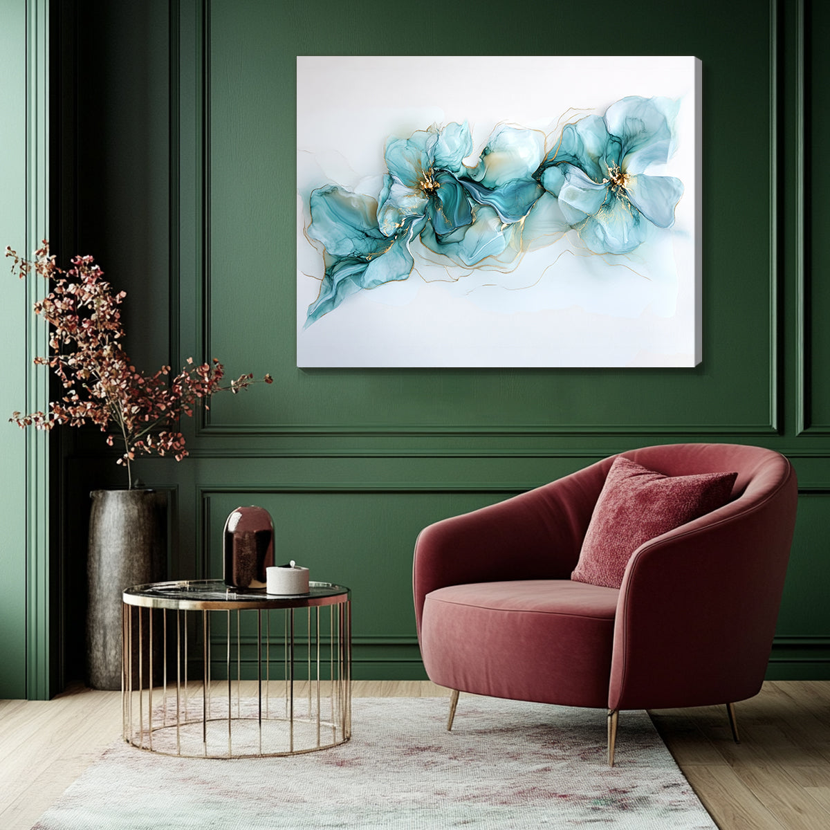 Turquoise Floral Abstract Alcohol Ink Canvas Wall Art