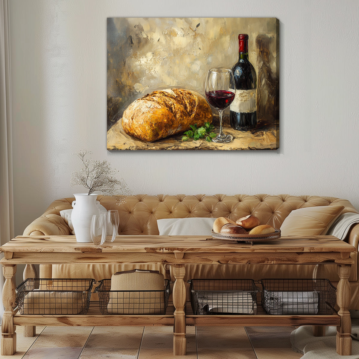Bread and Red Wine - Vintage Oil Painting Canvas Wall Art