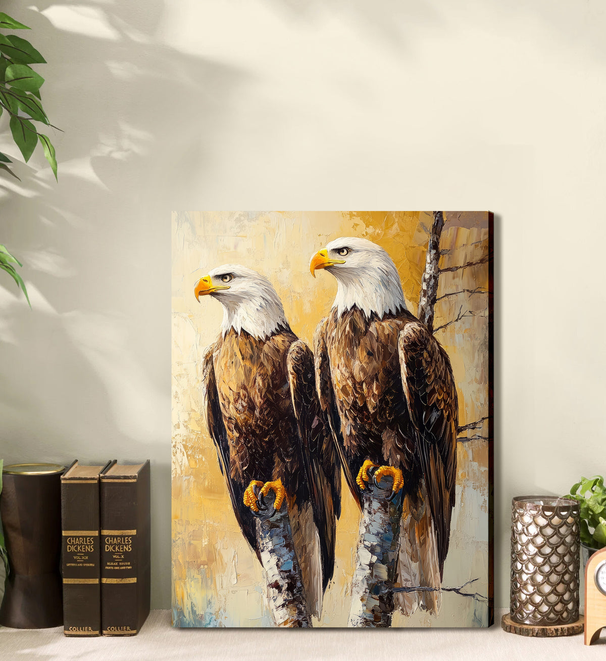 Rustic Bald Eagles Canvas Wall Art – Textured Impasto Oil Painting