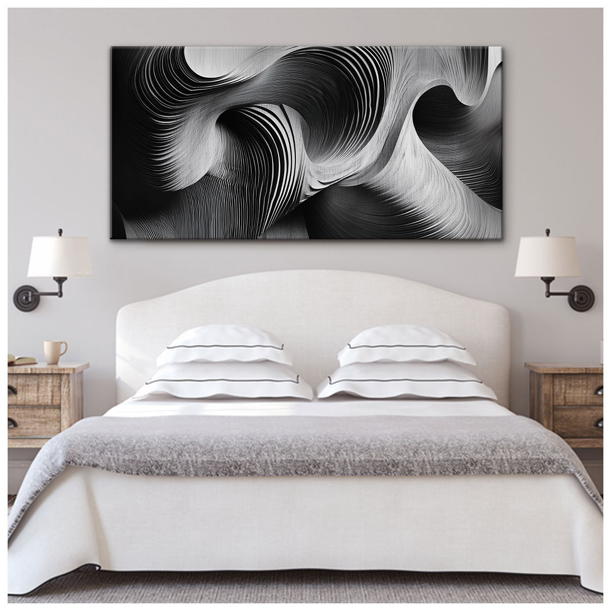 Waves Monochromatic Abstract Canvas Wall Art for Living Room