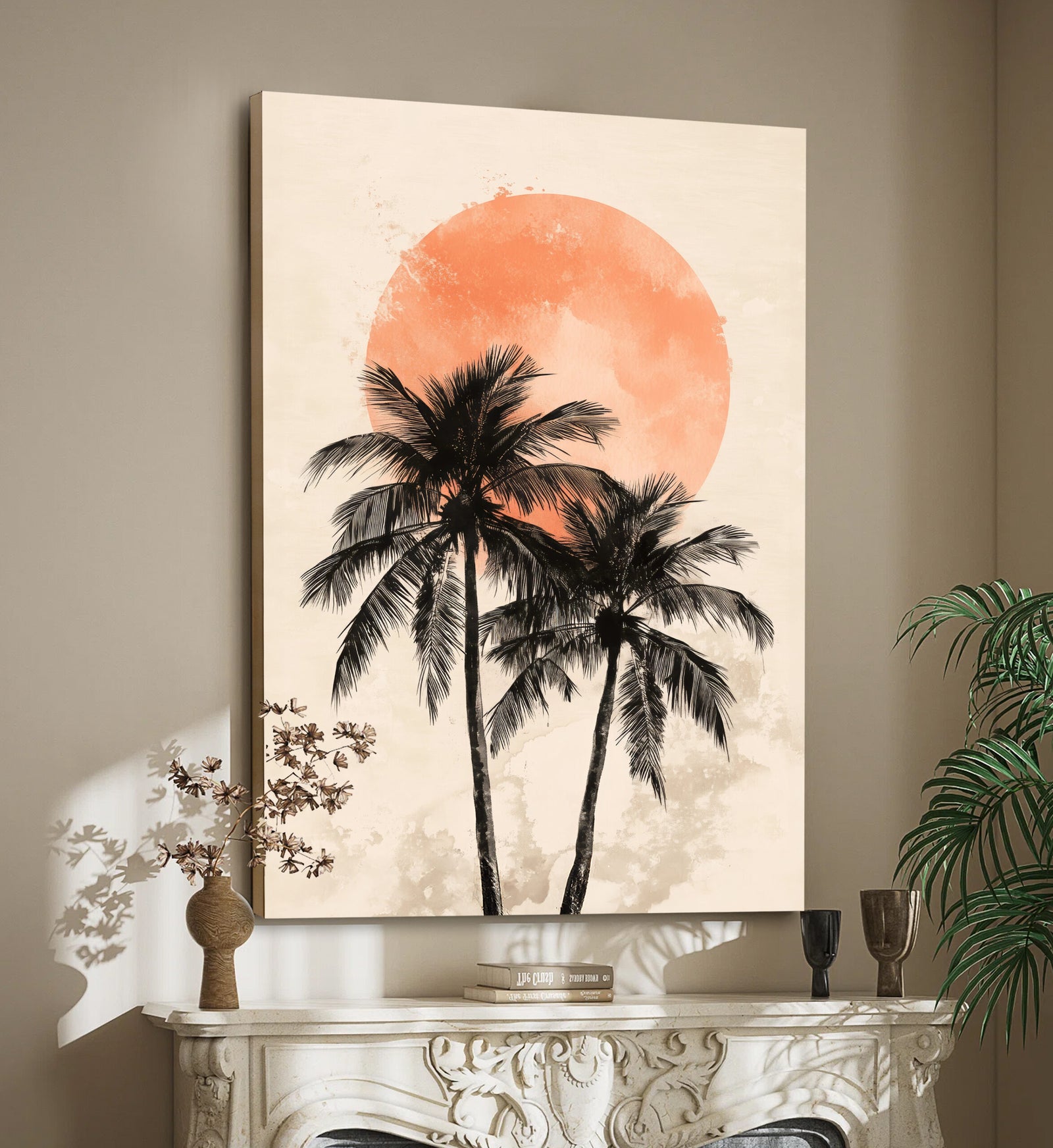 Palm Trees Sunset Boho Wall Art – Minimalist Coastal Canvas Print