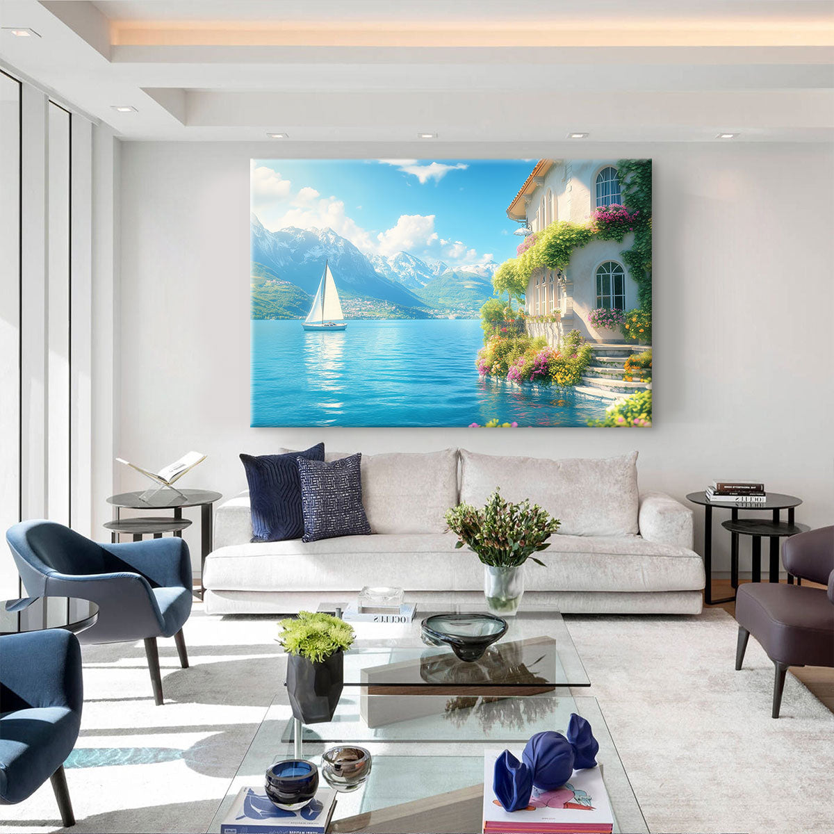 Mediterranean Lakeside Villa - Sailboat Terrace Canvas