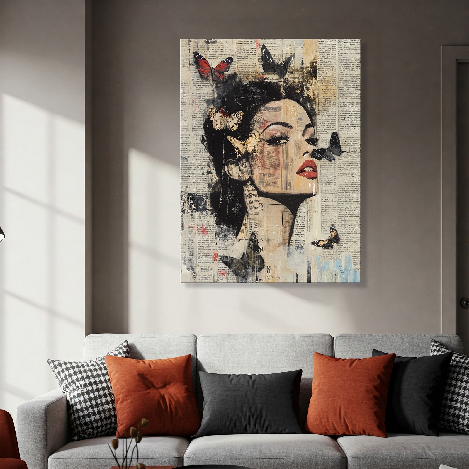 Vintage Butterfly Collage Female Portrait Canvas Art