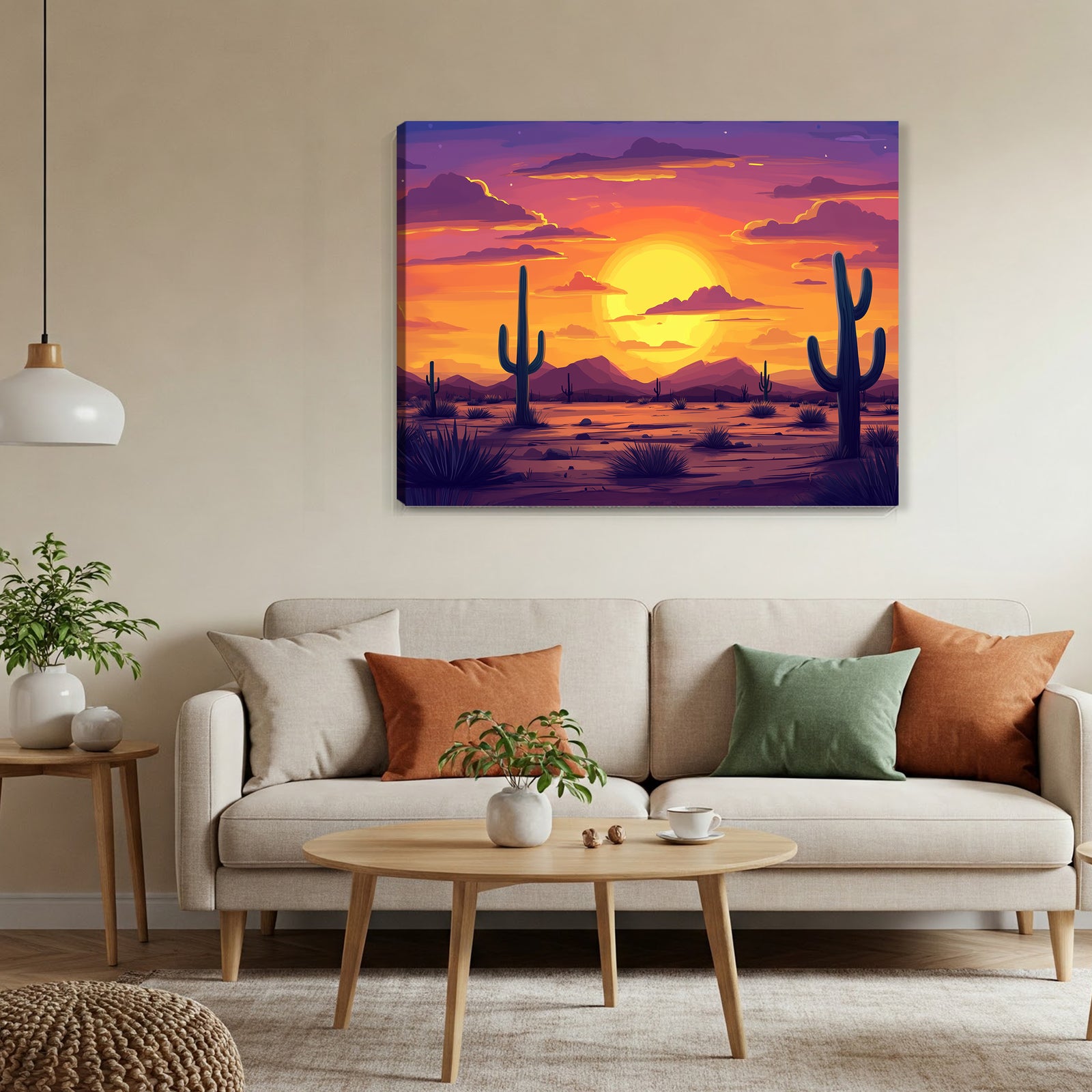 Boho Cactus Sunset Canvas Art for Desert Wall Decor