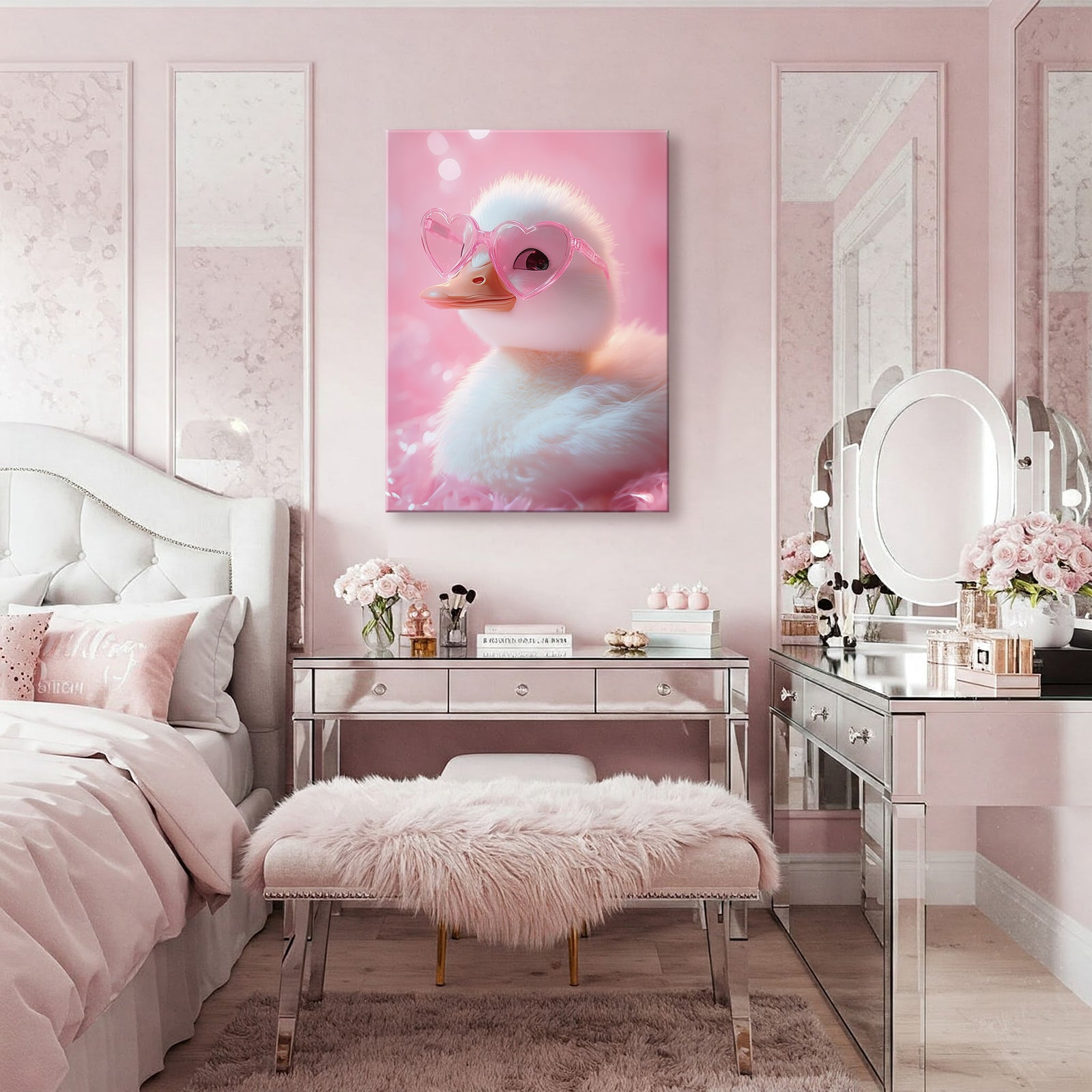 Cute Duck with Pink Heart Glasses Funny Bathroom Art