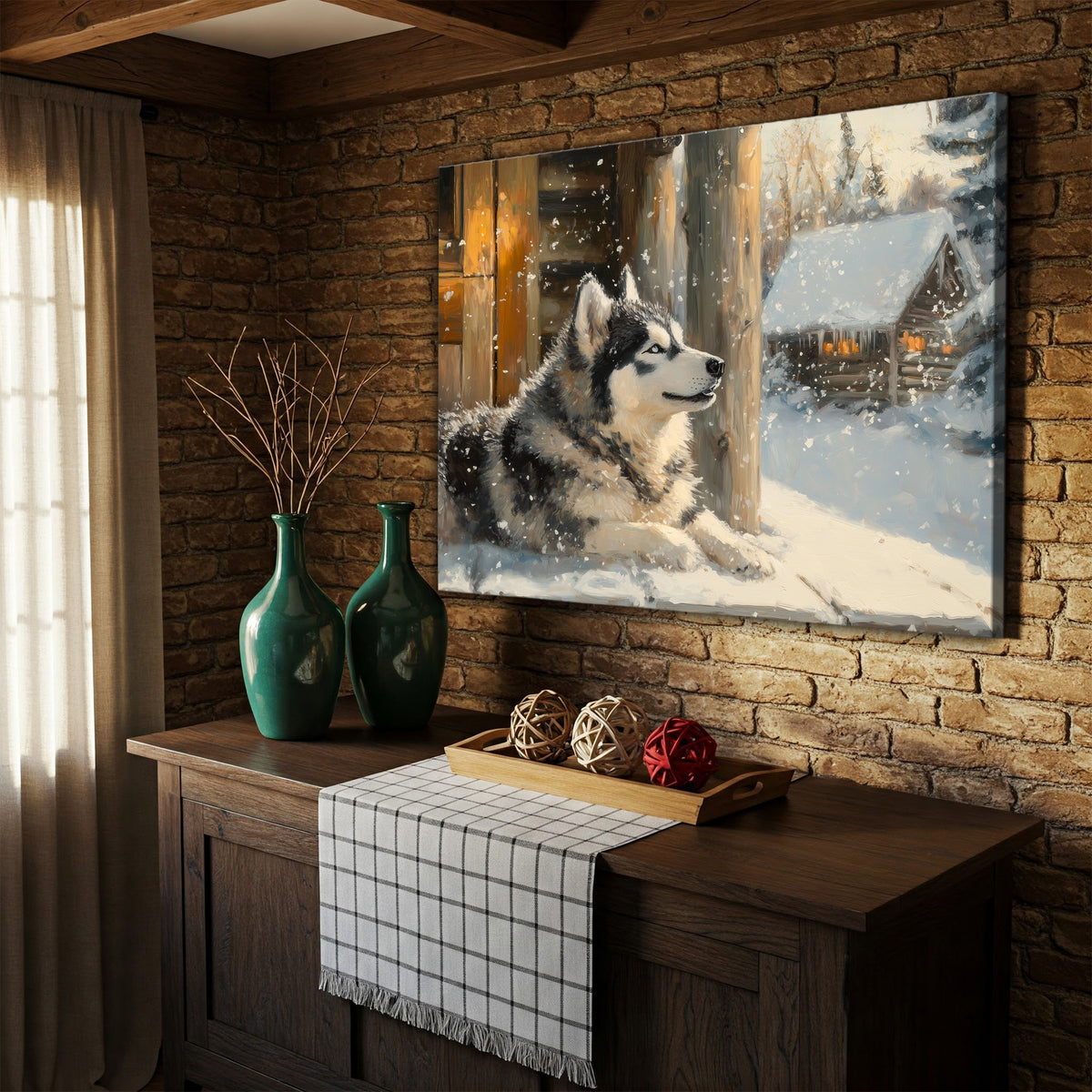 Cozy Alaskan Malamute Winter Oil Painting Canvas