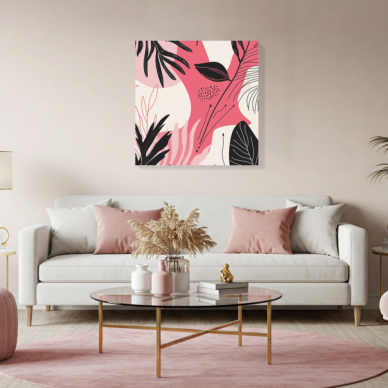Pink Black Minimalist Leaf Pattern Canvas for Soft Interiors