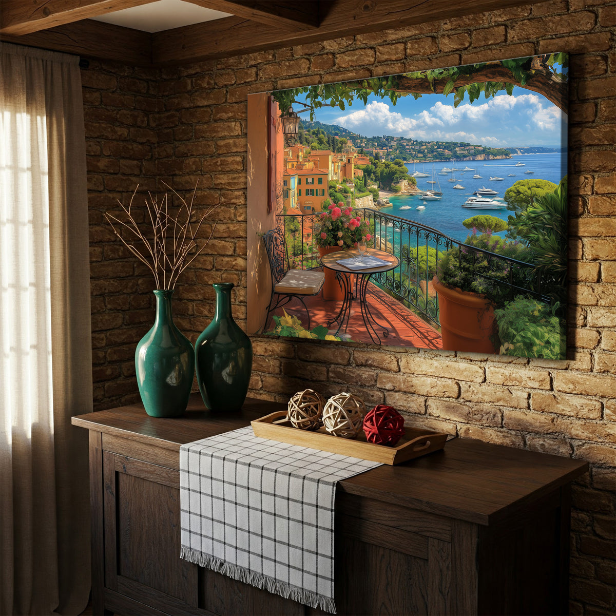 French Riviera Balcony View with Sea and Flowers Canvas