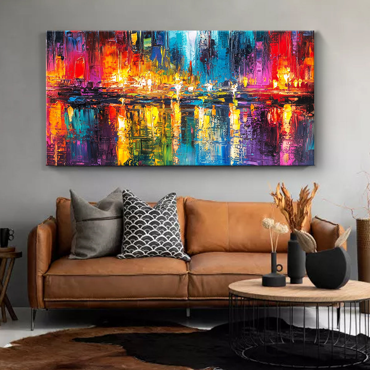 Radiant Reflections Cityscape Abstract Canvas Wall Art for Living Room