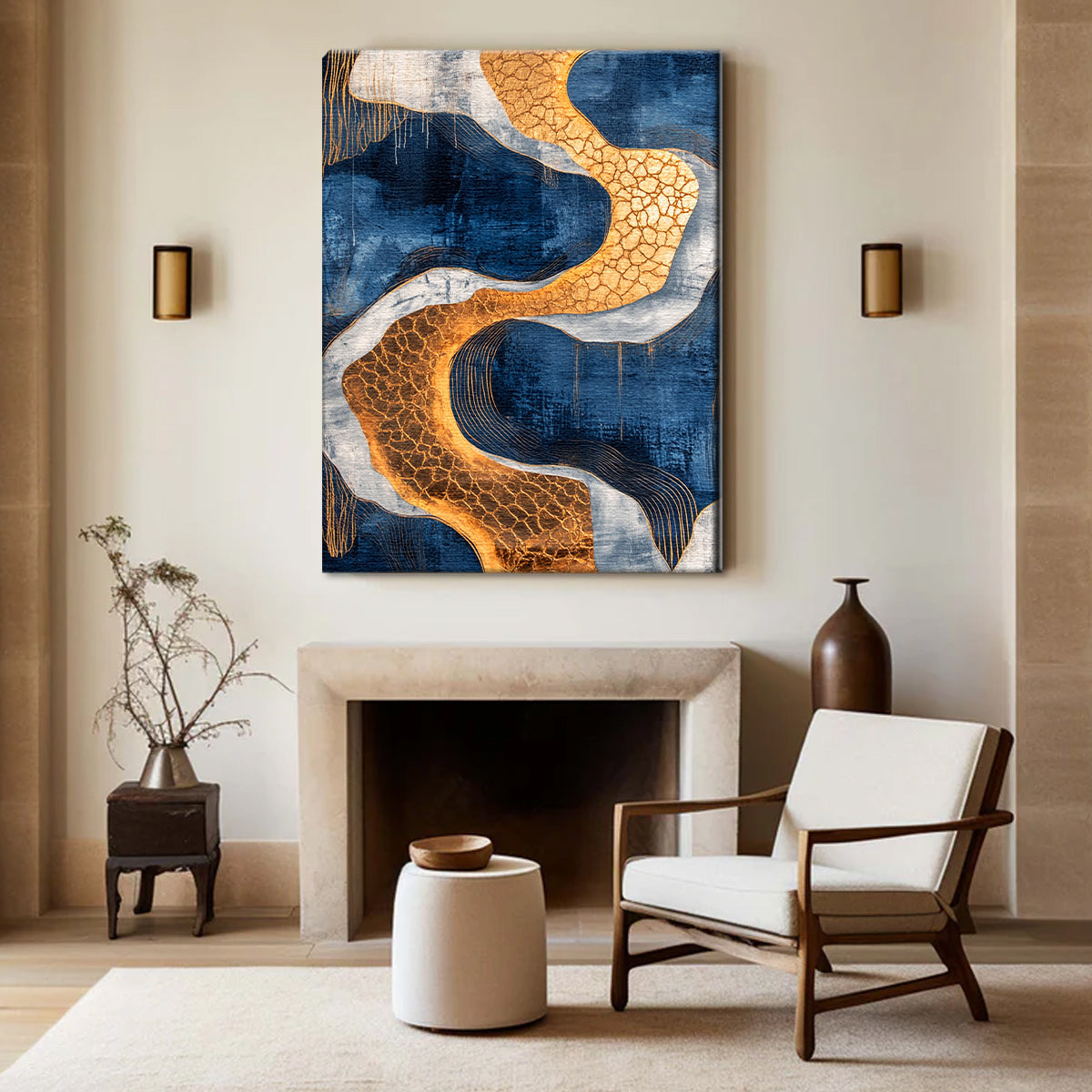 Golden Currents Modern Abstract Canvas Wall Art