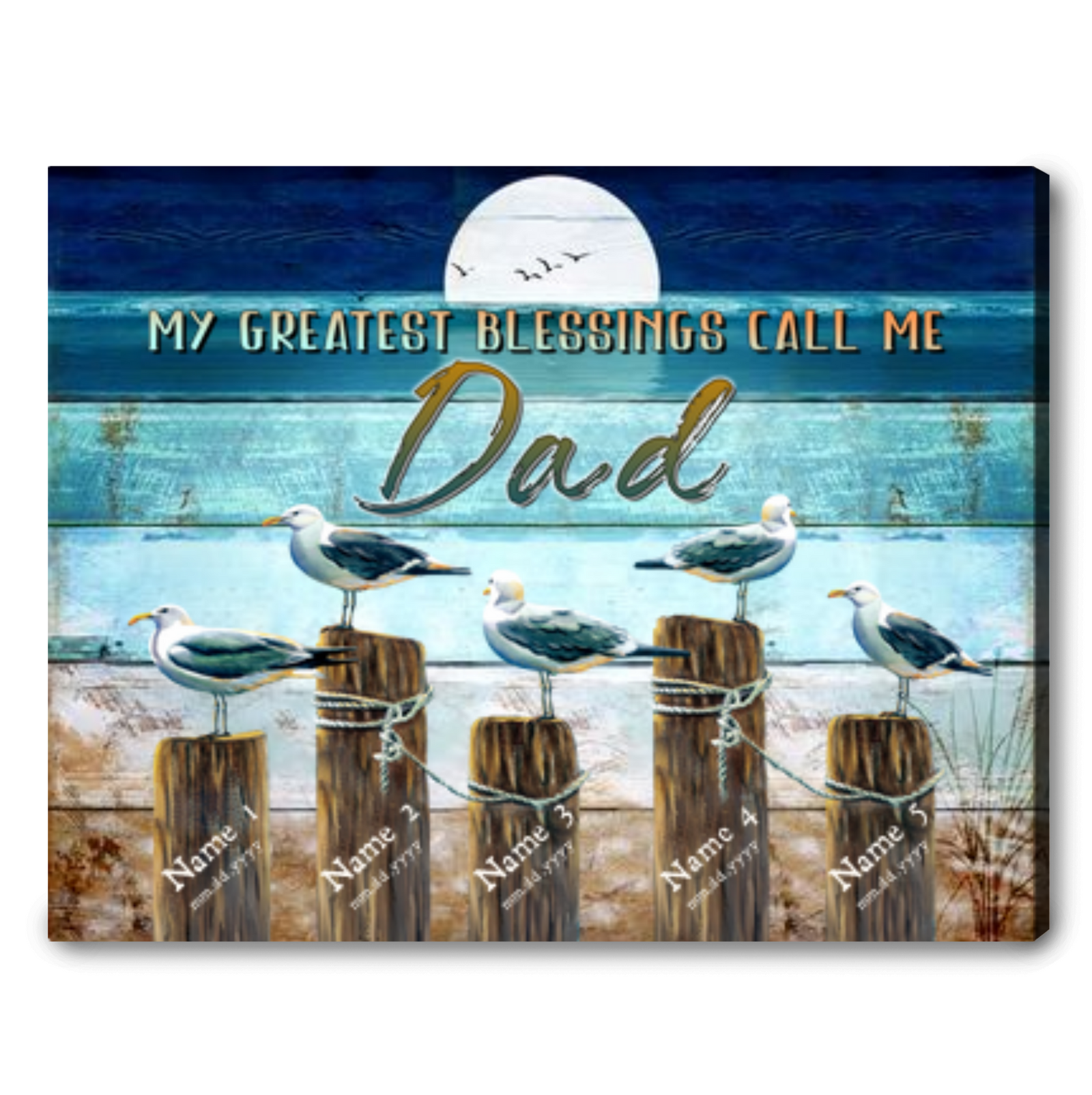Custom Children Names Gift For Dad Coastal Seagulls Canvas Wall Art