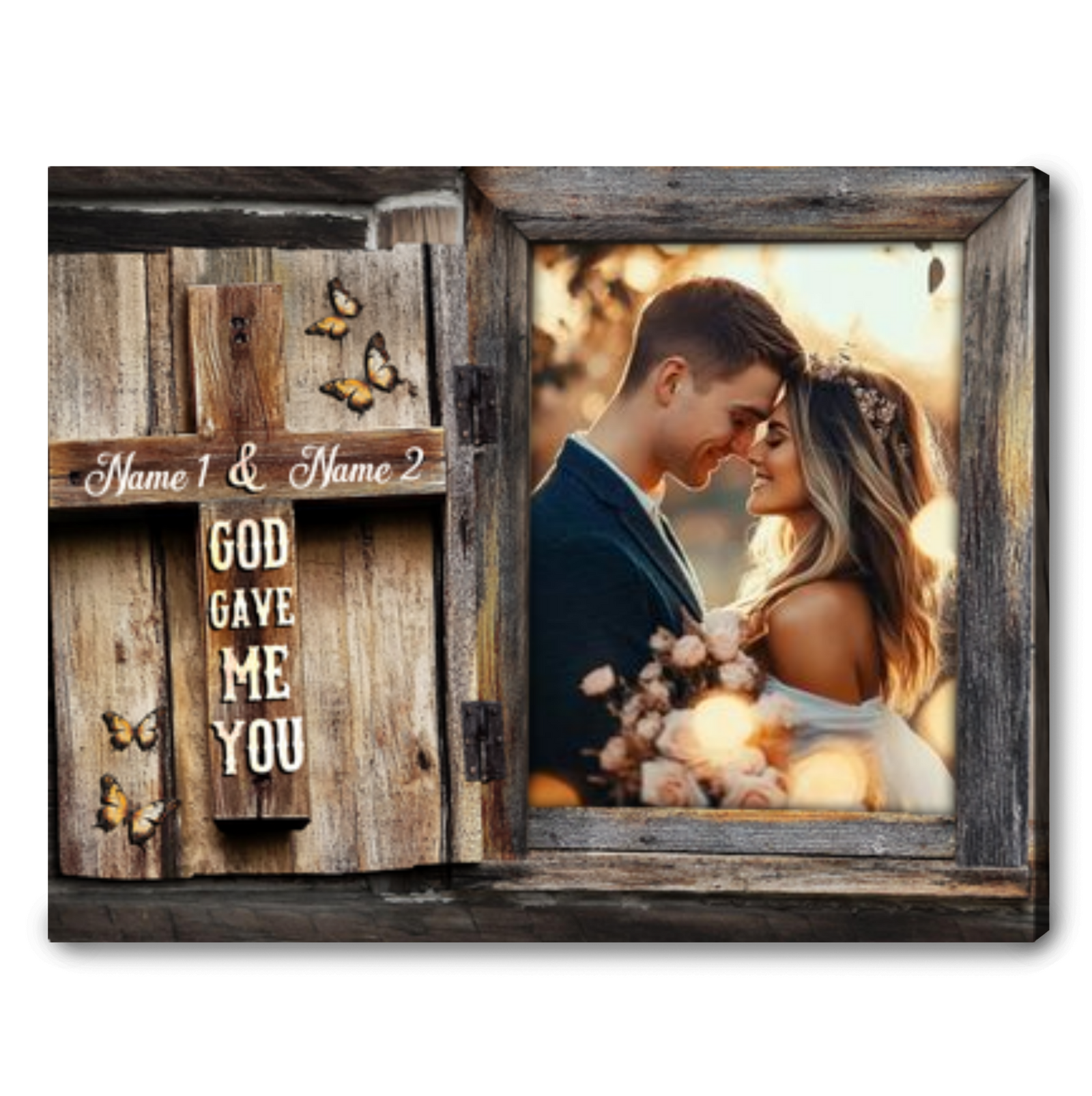 God Gave Me You - Personalized Rustic Wedding Gift Cross Design Canvas Wall Art 