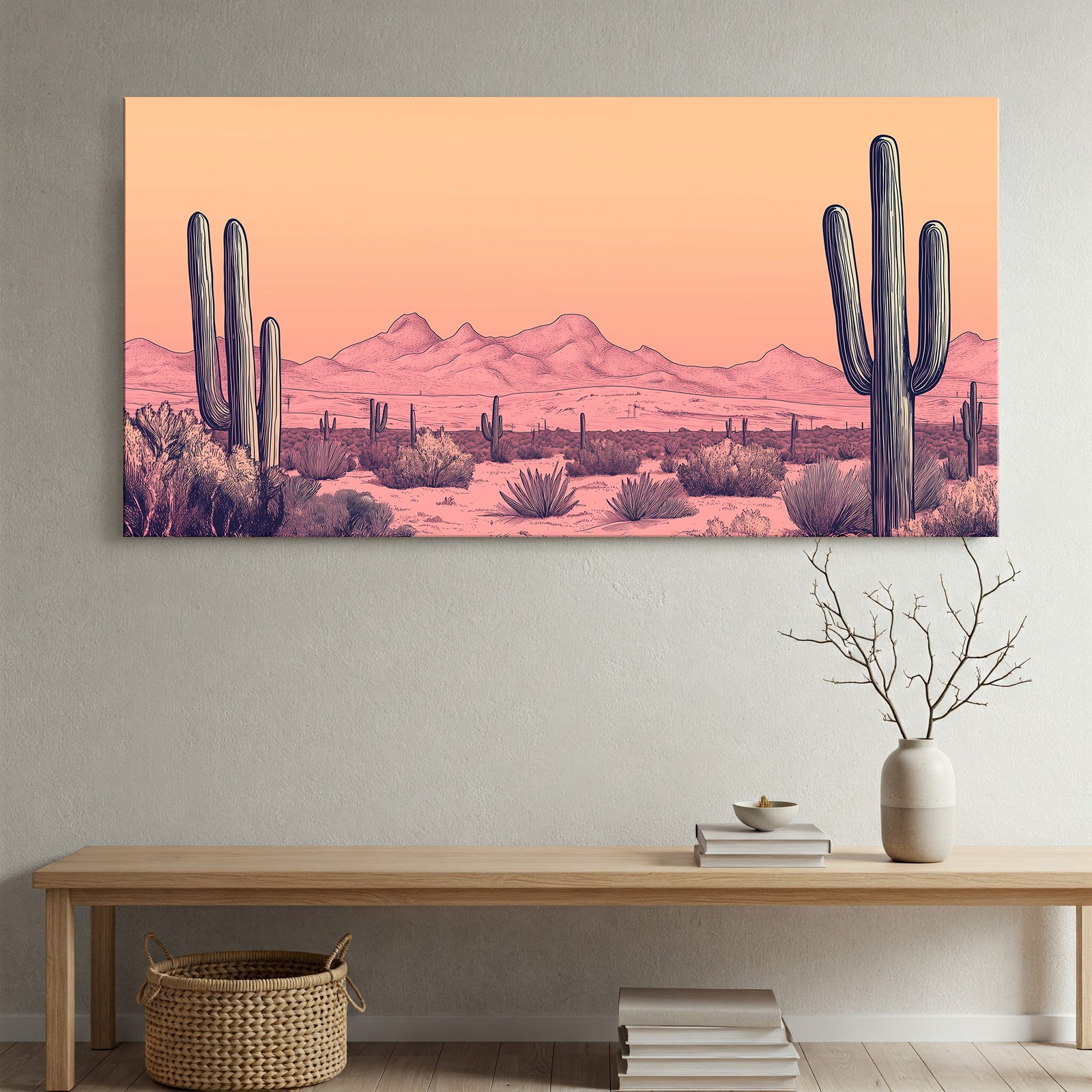 Boho Desert Cactus Line Art at Dusk with Warm Tones