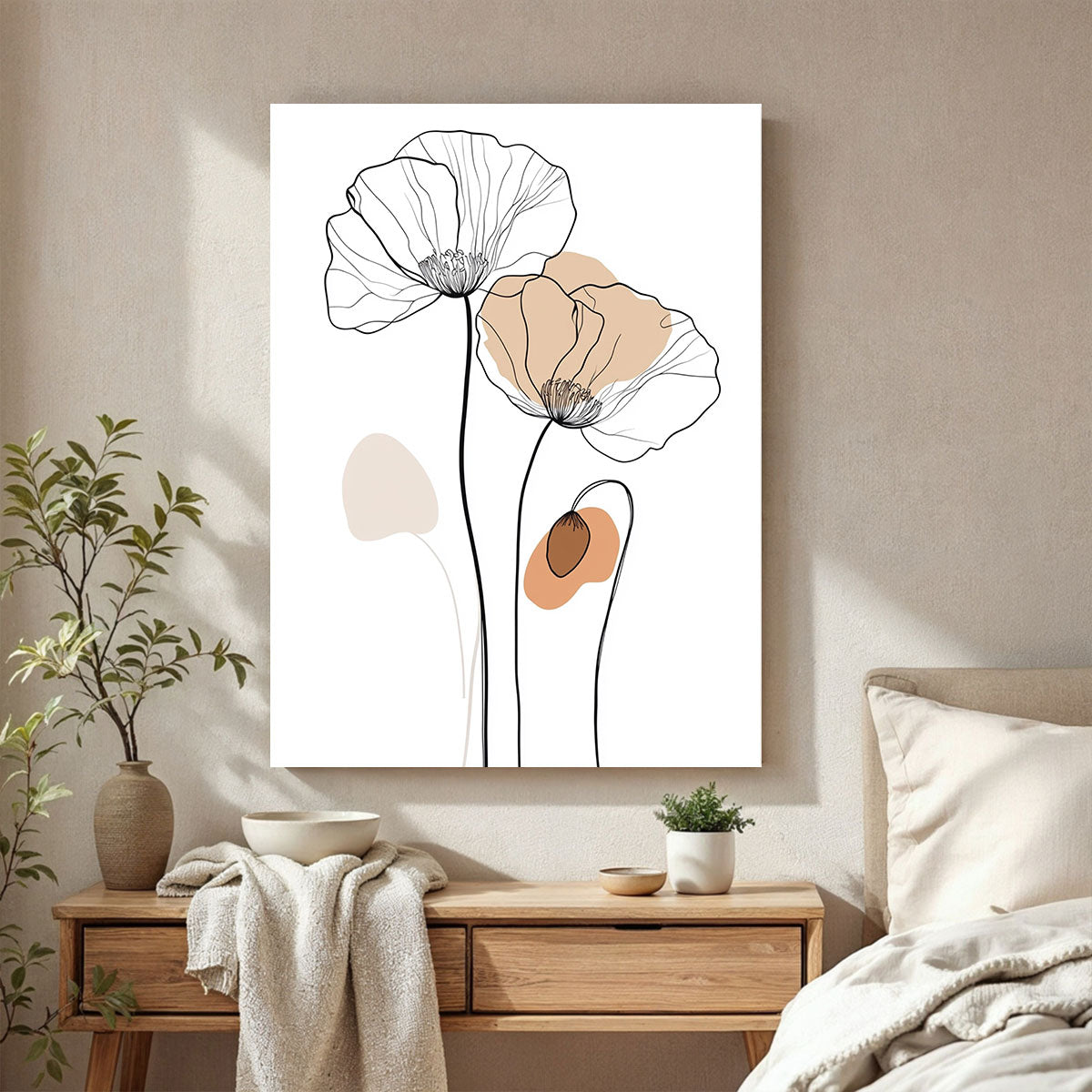 One-Line Poppy Flower Canvas Wall Art – Minimalist Floral Line Drawing Print