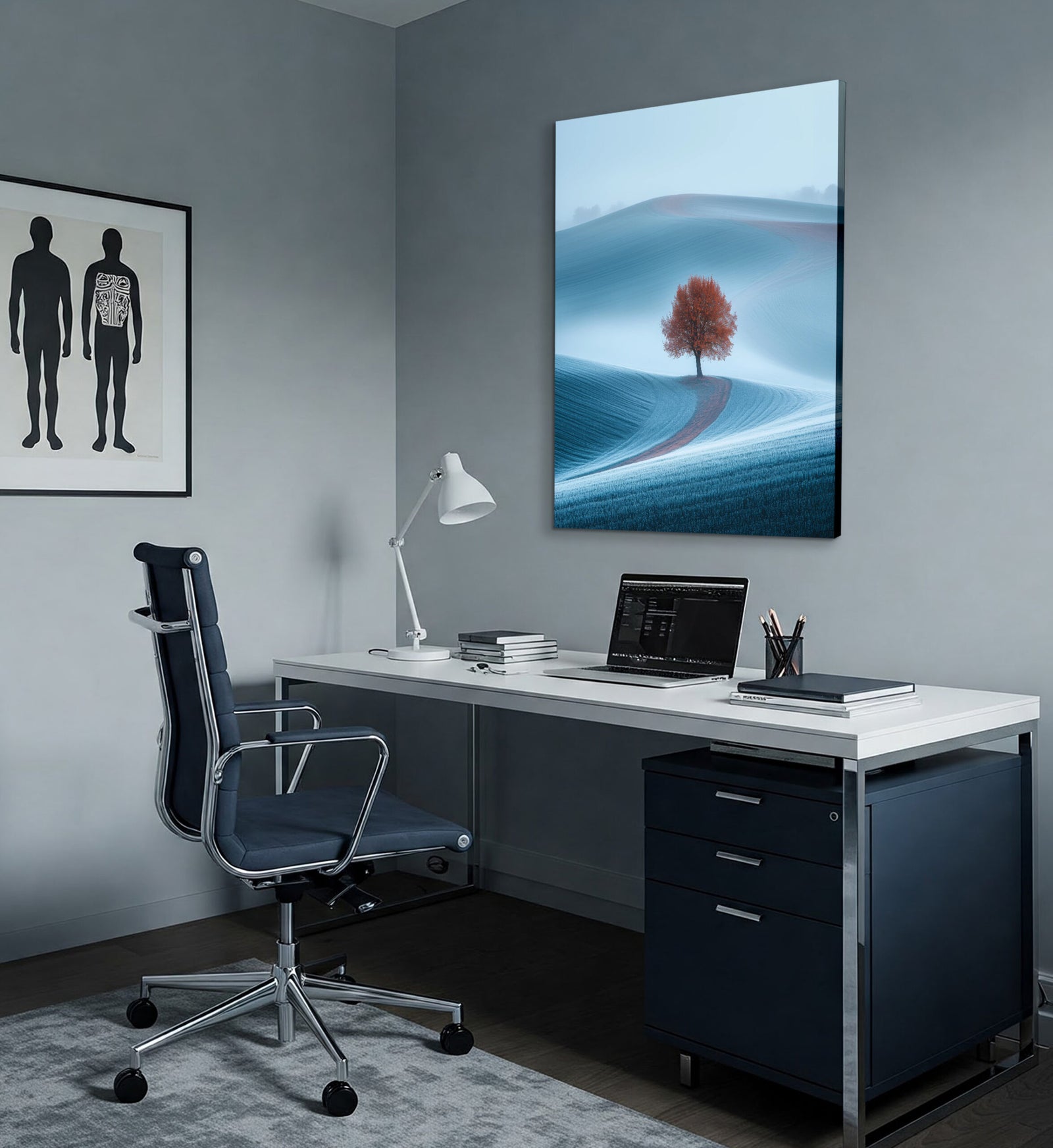 Boho Foggy Field Wall Art with High-Contrast Lone Tree