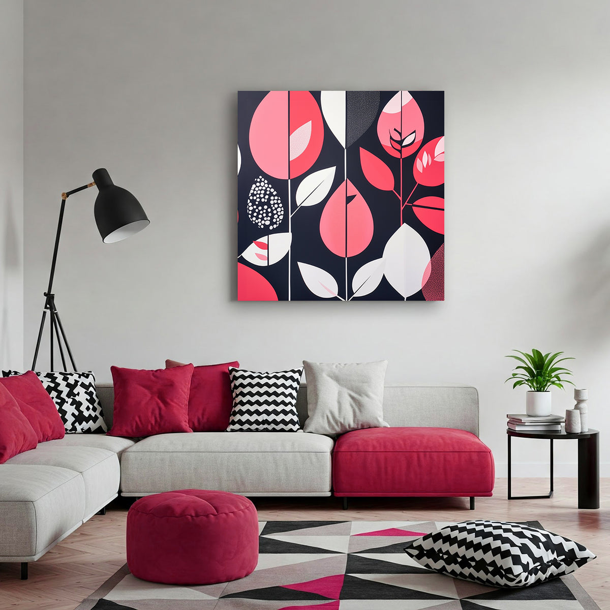 Modern Leaf and Shape Abstract Canvas in Blush and Black