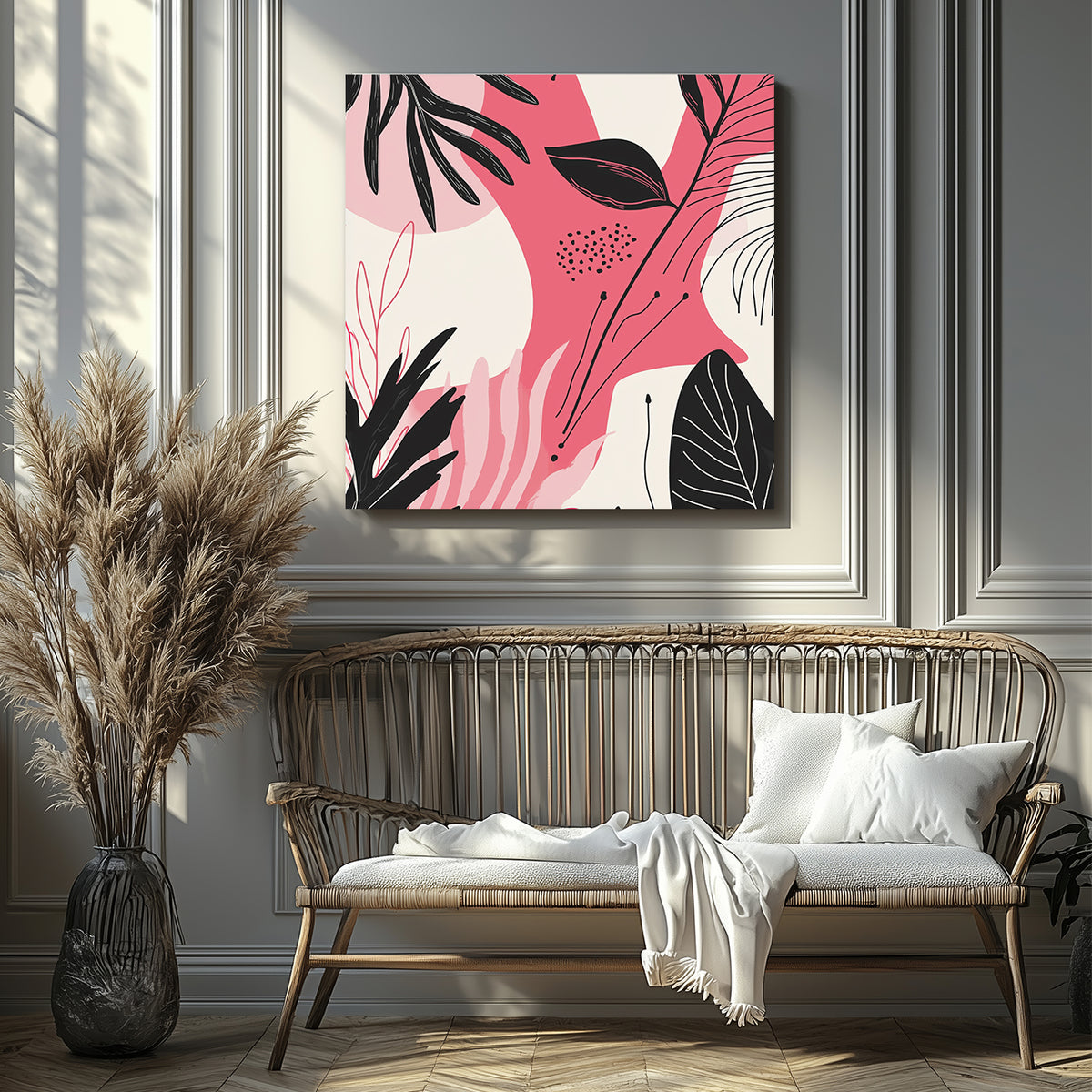 Pink Black Minimalist Leaf Pattern Canvas for Soft Interiors