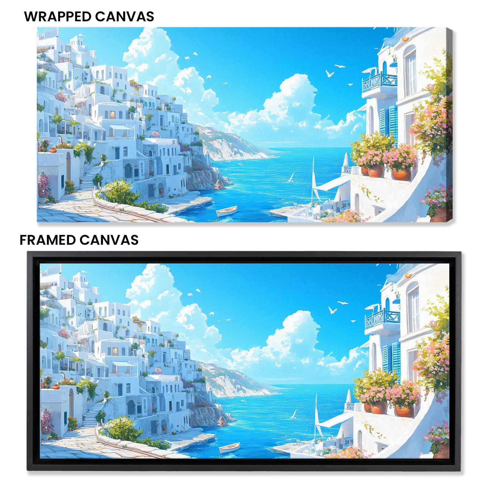 White and Blue Greek Houses with Flowers Wall Canvas