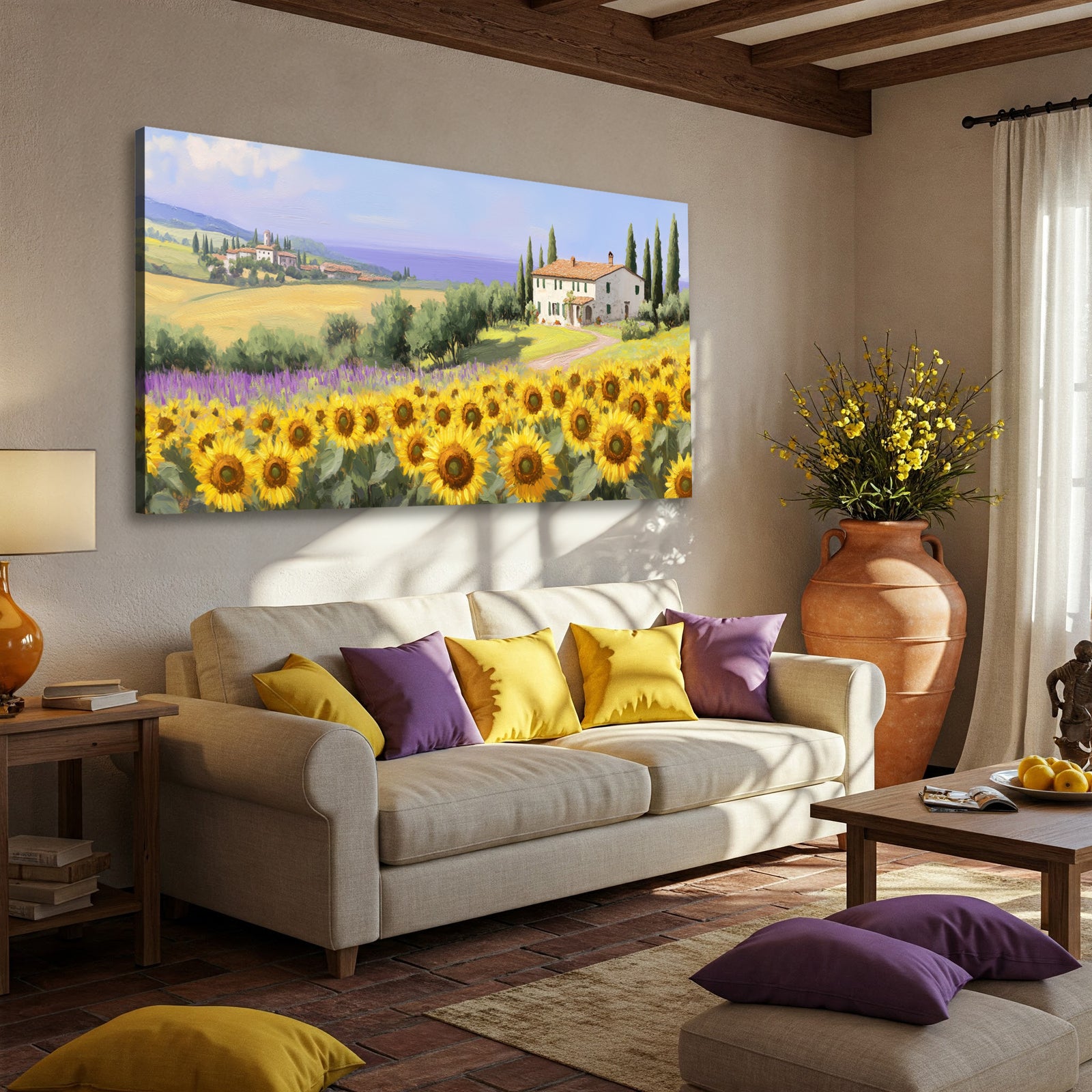 Sunflower Field in Tuscany Vintage Oil Print Canvas Wall Art