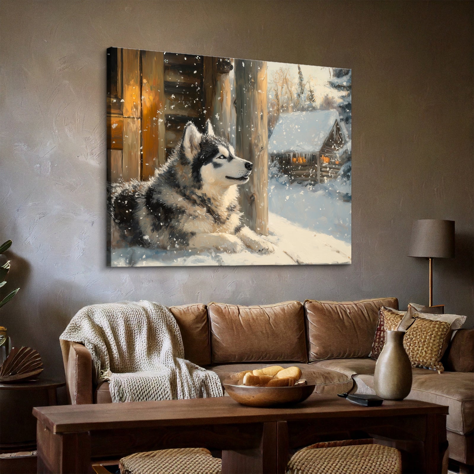 Cozy Alaskan Malamute Winter Oil Painting Canvas