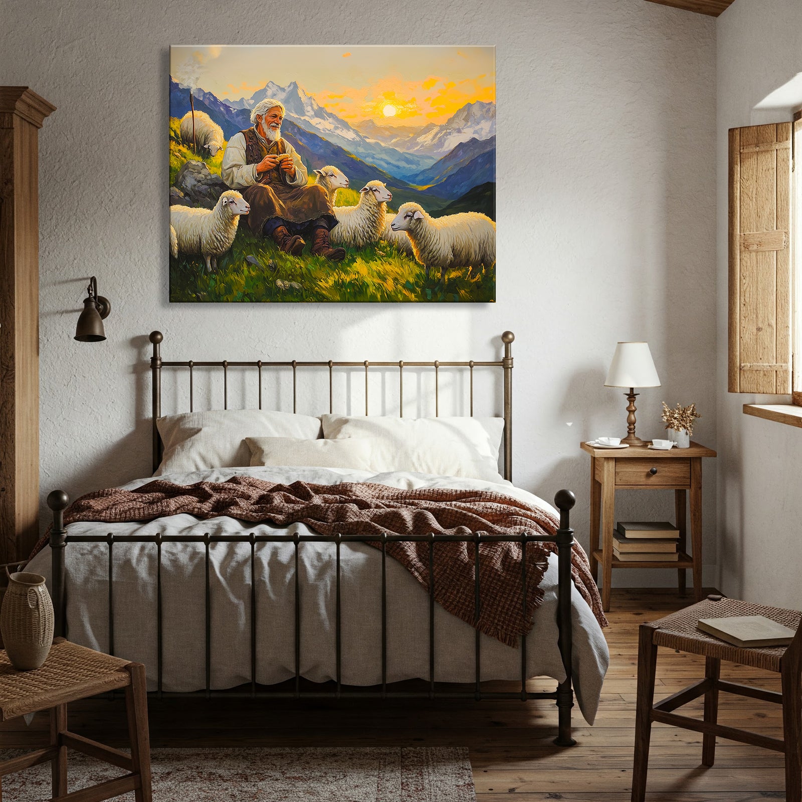 Shepherd and Sheep Pastoral Canvas in Vintage Oil Style