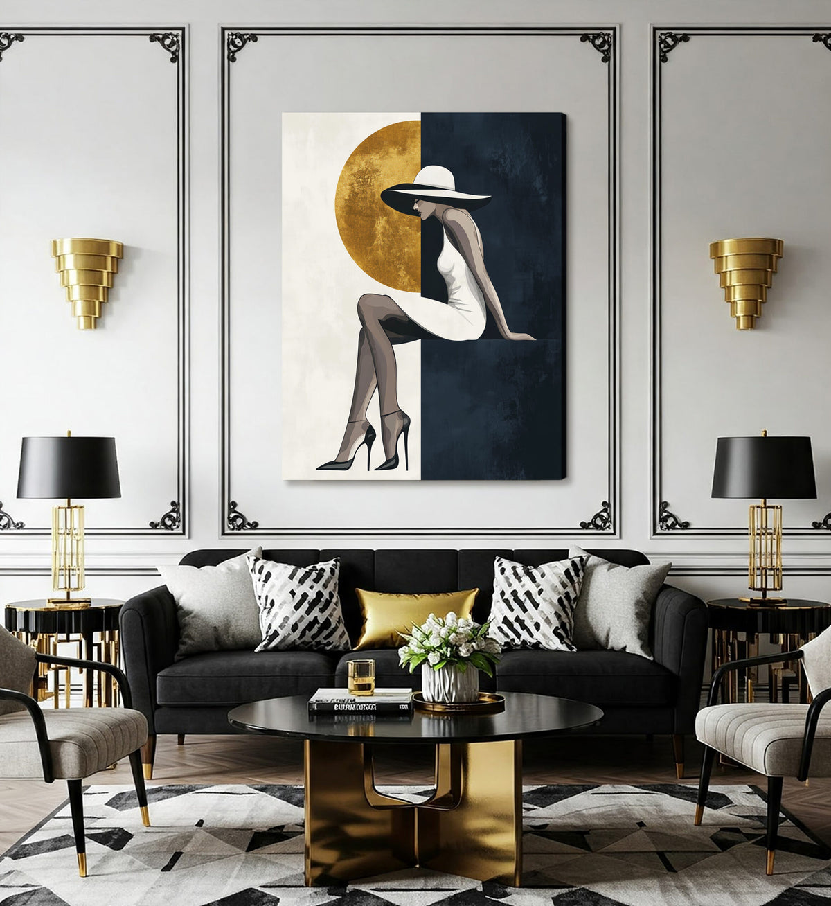Modern Minimalist Woman and Gold Moon Wall Art Canvas
